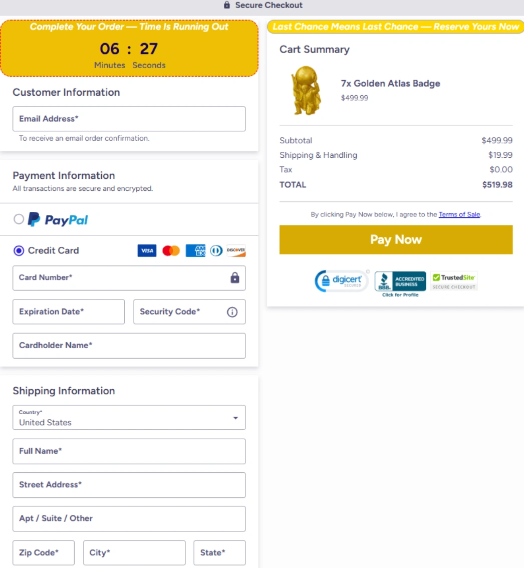 Golden Atlas Badge secure checkout page